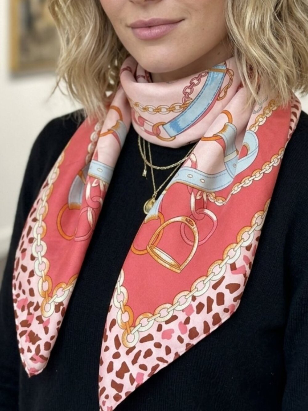 Western Themed Pink Scarf Satin Fell Leopard Chains Straps Square 36 x 36 inches